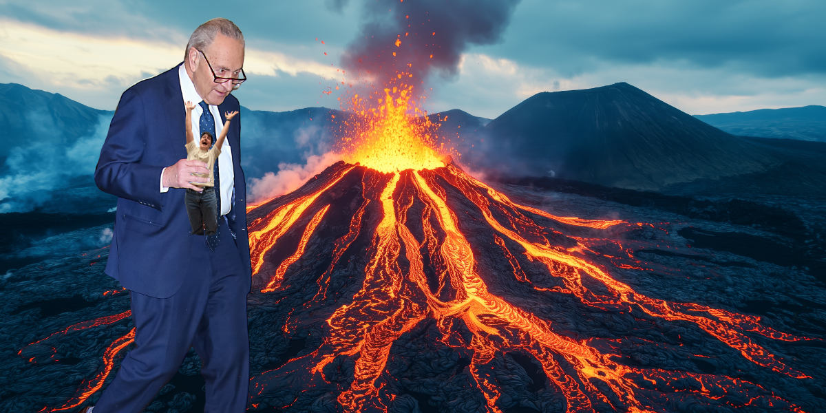 chuck schumer carrying Motti into a volcano