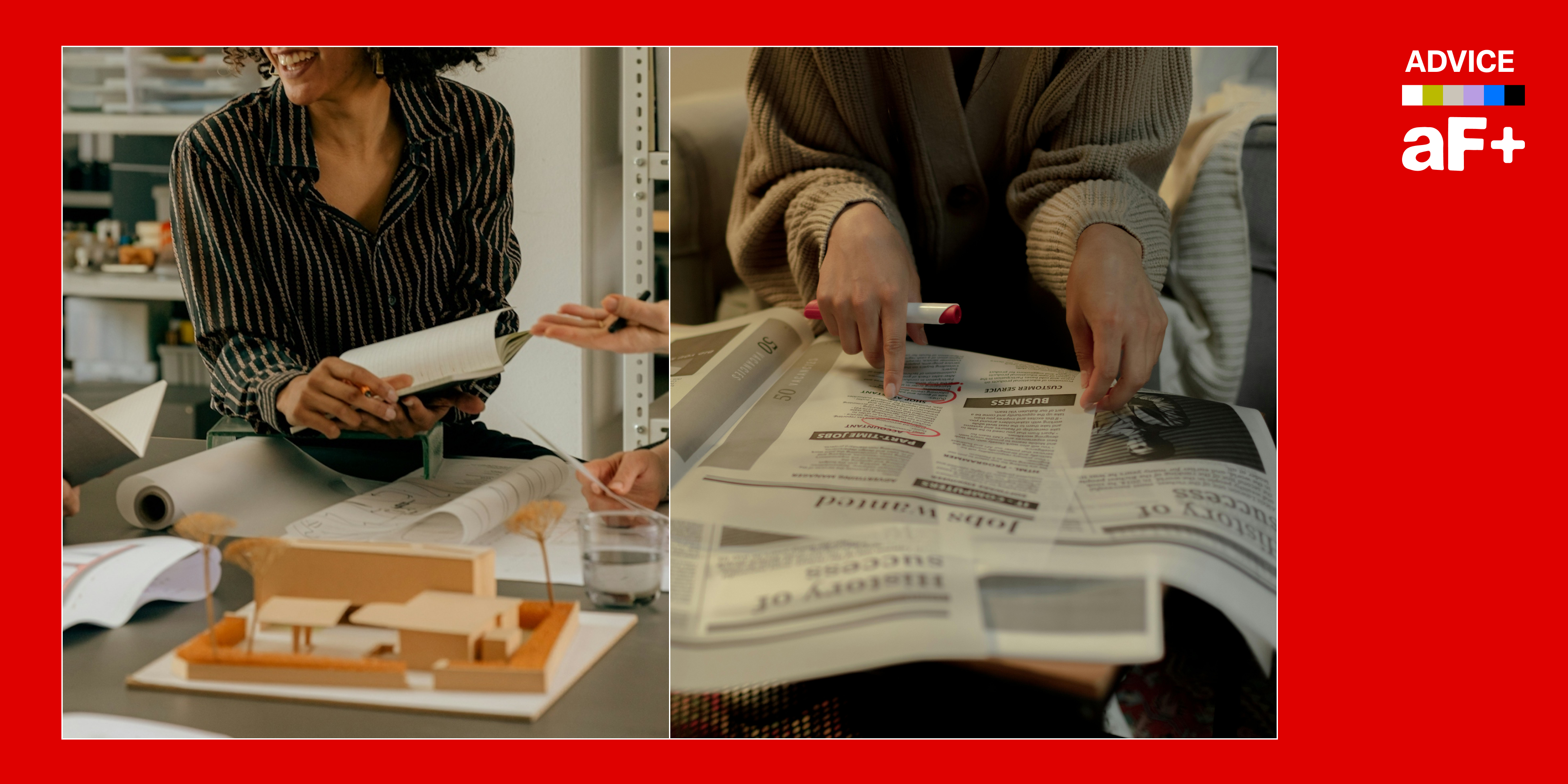 One image shows people at a conference table working on a project, the other shows someone circling want ads in a newspaper.