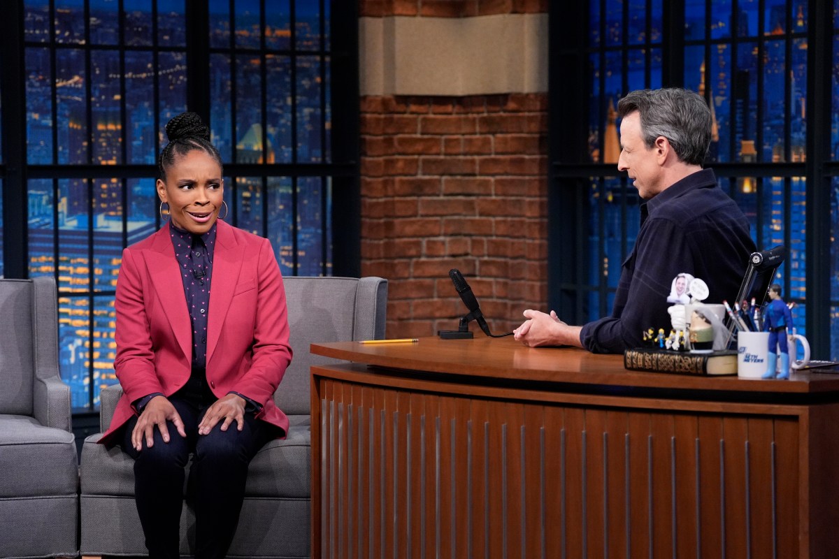 LATE NIGHT WITH SETH MEYERS -- Episode 1636 -- Pictured: (l-r) Amber Ruffin and Seth Meyers during the sketch "Both Sides" on Monday. March 31, 2025 -- (Photo by: Lloyd Bishop/NBC via Getty Images)