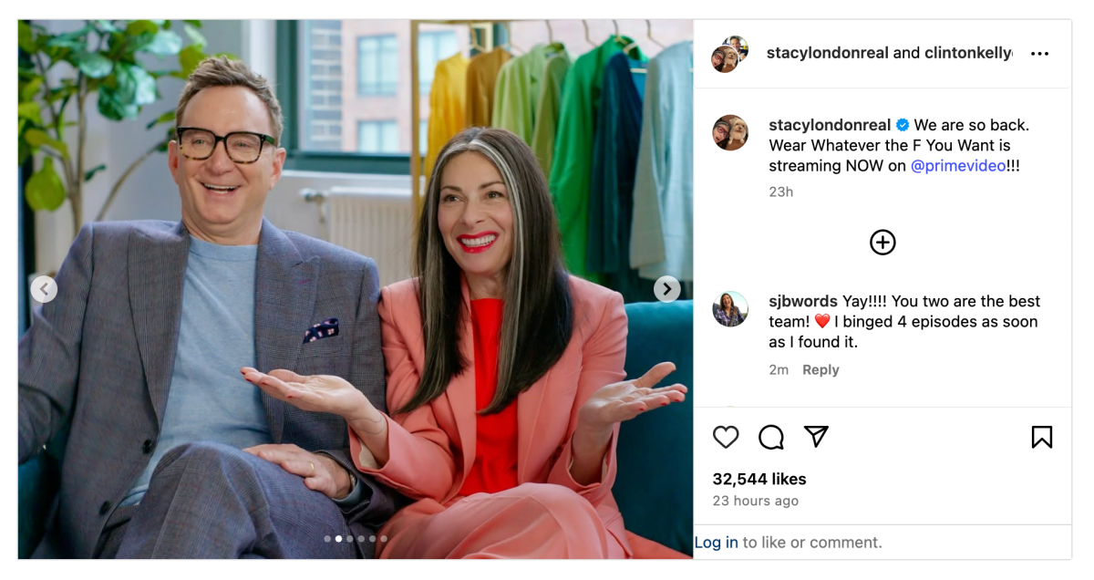 A screenshot of Stacy London and Clinton Kelly's IG post promoting Where Whatever the F You Want