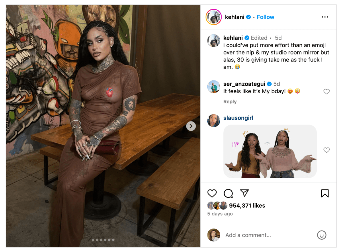 A screenshot of Kehlani's IG post with the caption i could've put more effort than an emoji over the nip & my studio room mirror but alas, 30 is giving take me as the fuck I am.