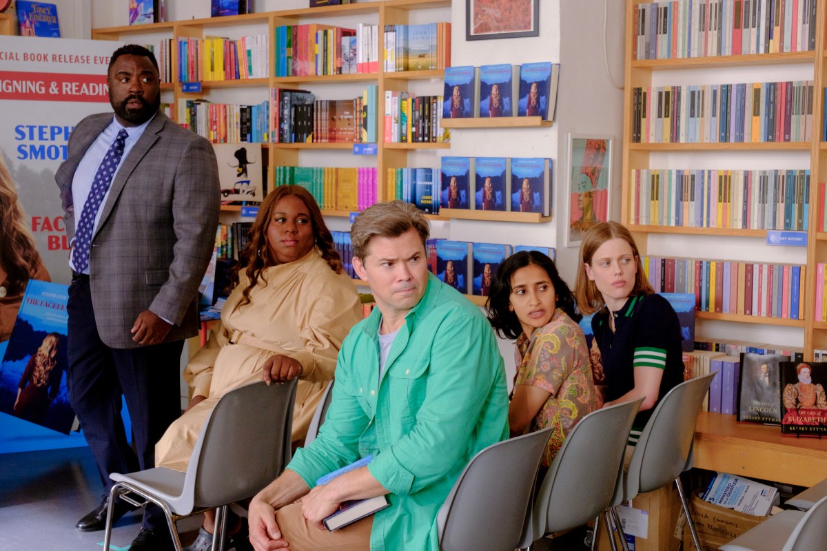 (L to R): Detective Summerville (Bashir Salahuddin), Vicky (Alex Newell), Darren (Andrew Rannells), Sona (Aparna Nancherla) and Stacey (Kelly McCormack) in ANOTHER SIMPLE FAVOR.
