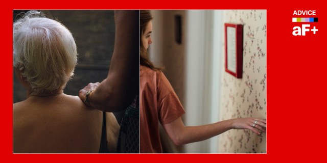 One image shows an older woman with her back to us, another shows a younger woman trailing her fingertips along a wall