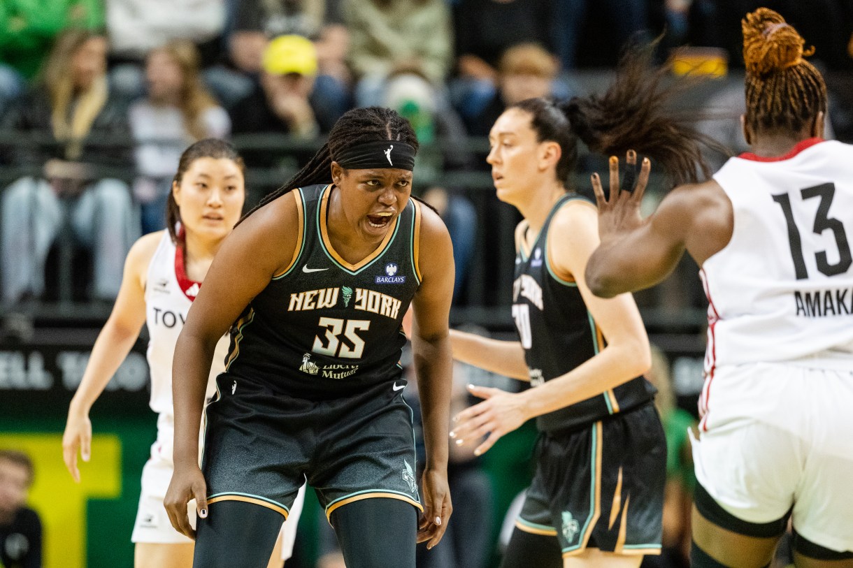 EUGENE, OREGON - MAY 12: Jonquel Jones #35 of the New York Liberty reacts during the first half of the WNBA preseason game against the Toyota Antelopes at Matthew Knight Arena on May 12, 2025 in Eugene, Oregon.