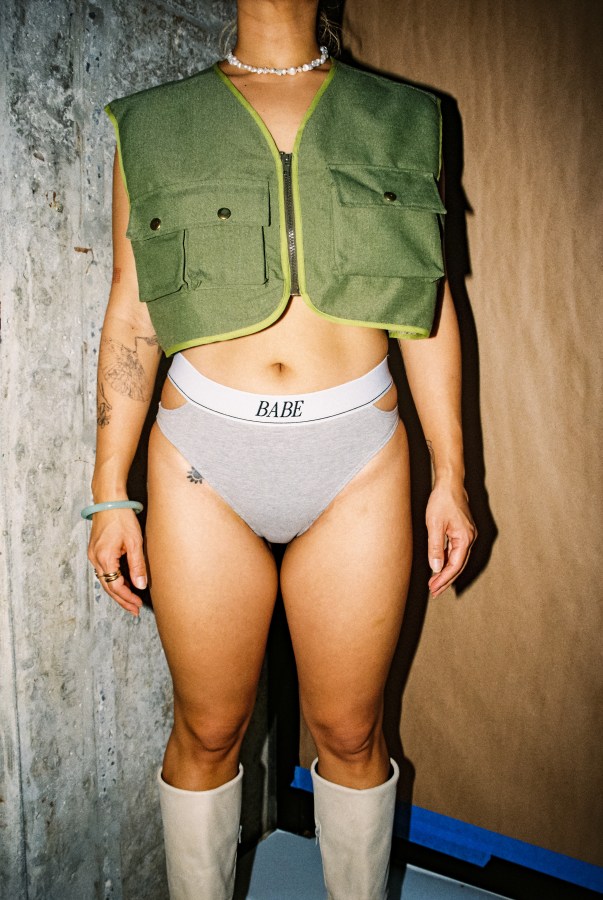a person in BABE underwear