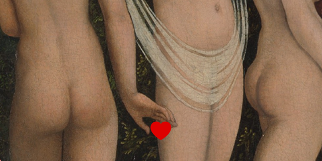 Three nude people standing around nude.