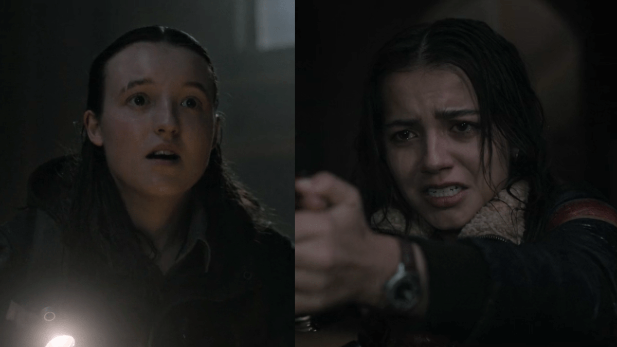 The Last of Us 204: Dina holds up a gun, horrified, Ellie holds up her hands pleadingly