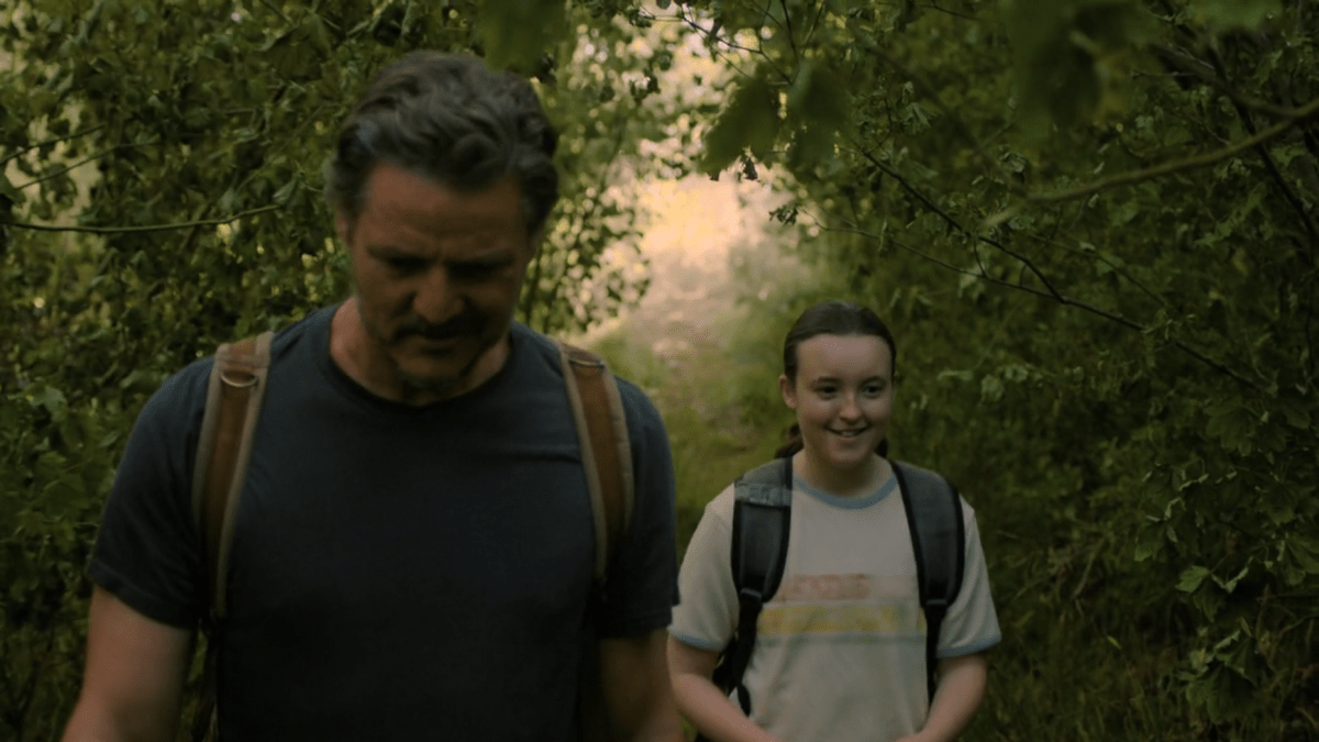 The Last of Us 206 ellie laughing at joel in the woods