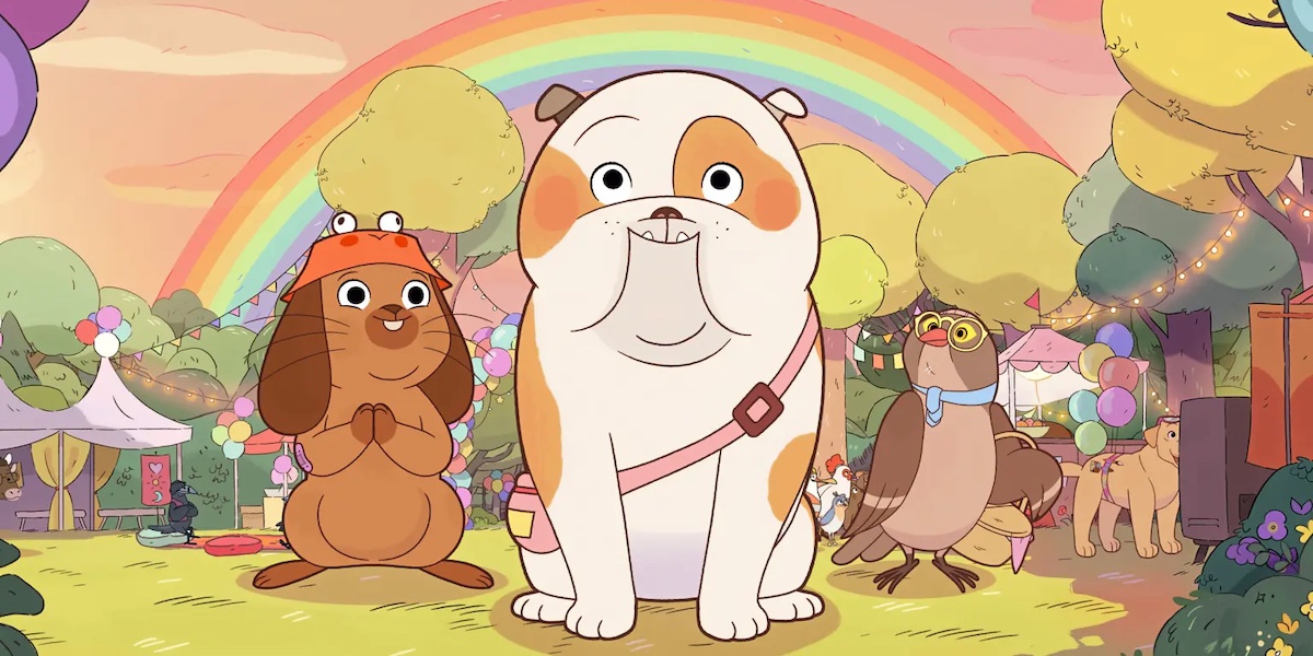 dog in front of a rainbow