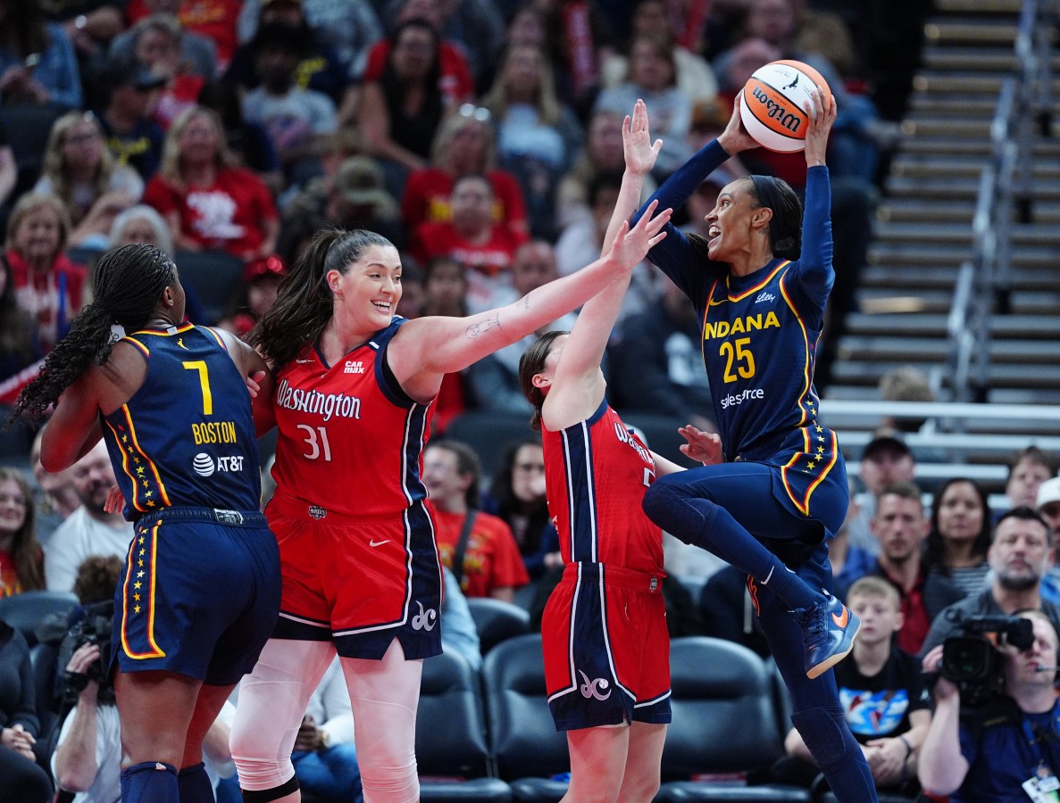 INDIANAPOLIS, IN - MAY 03: Indiana Fever forward DeWanna Bonner (25) takes a shot against the Washington Mystics on May 3, 2025, at Gainbridge Fieldhouse in Indianapolis, Indiana. (Photo by Brian Spurlock/Icon Sportswire via Getty Images)