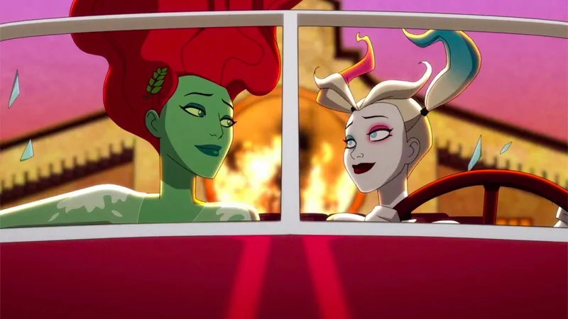 harley quinn and poison ivy are in a car that just drove off a cliff, their hair floating upward as they look at each other lovingly
