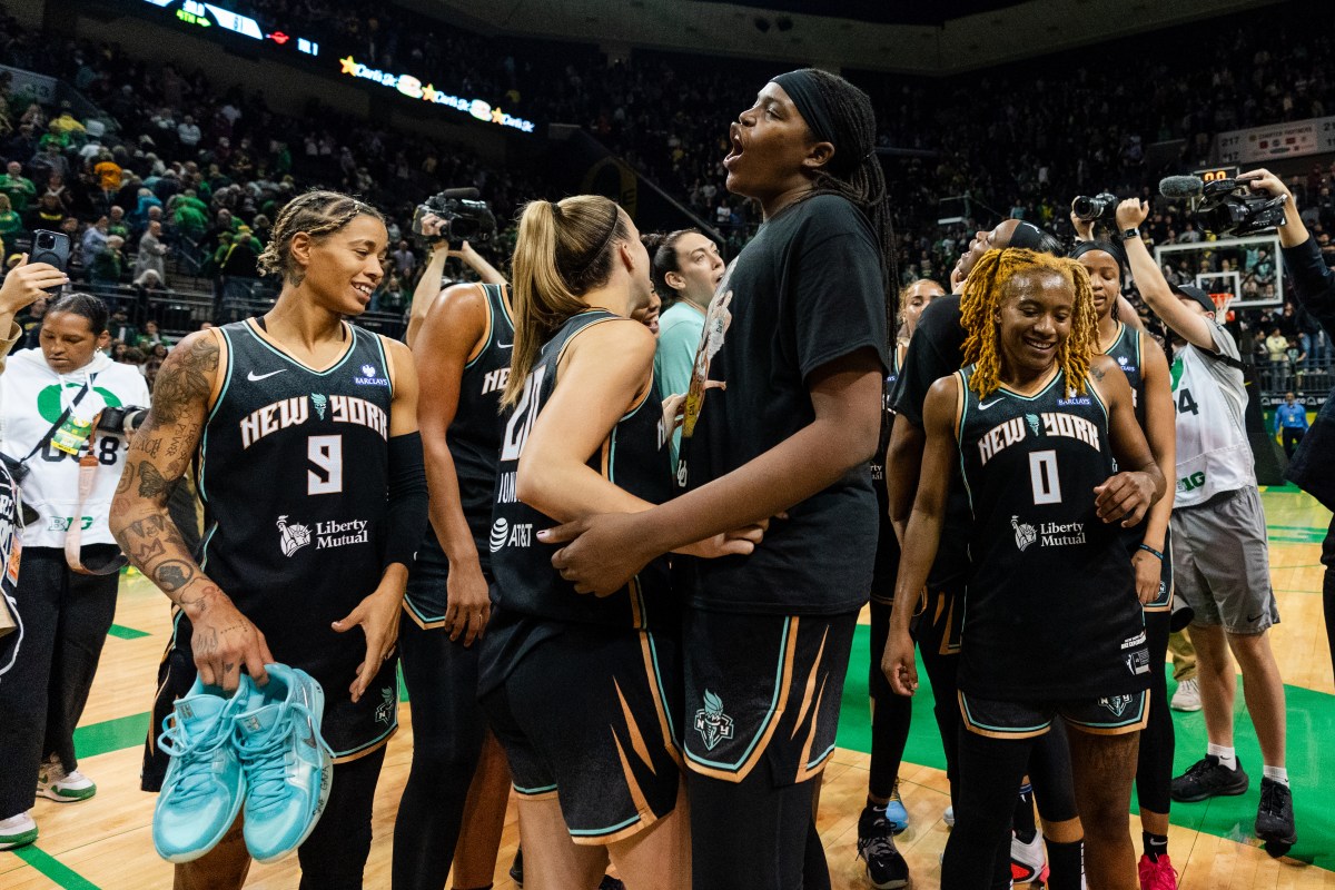 EUGENE, OREGON - MAY 12: The New York Liberty react after their preseason win over the Toyota Antelopes at Matthew Knight Arena on May 12, 2025 in Eugene, Oregon. (Photo by Ali Gradischer/Getty Images)