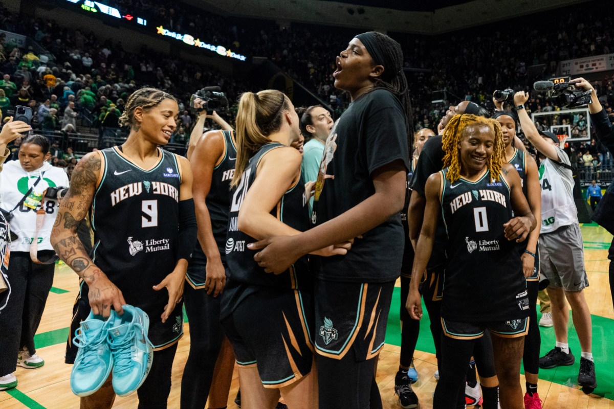 EUGENE, OREGON - MAY 12: The New York Liberty react after their preseason win over the Toyota Antelopes at Matthew Knight Arena on May 12, 2025 in Eugene, Oregon. (Photo by Ali Gradischer/Getty Images)