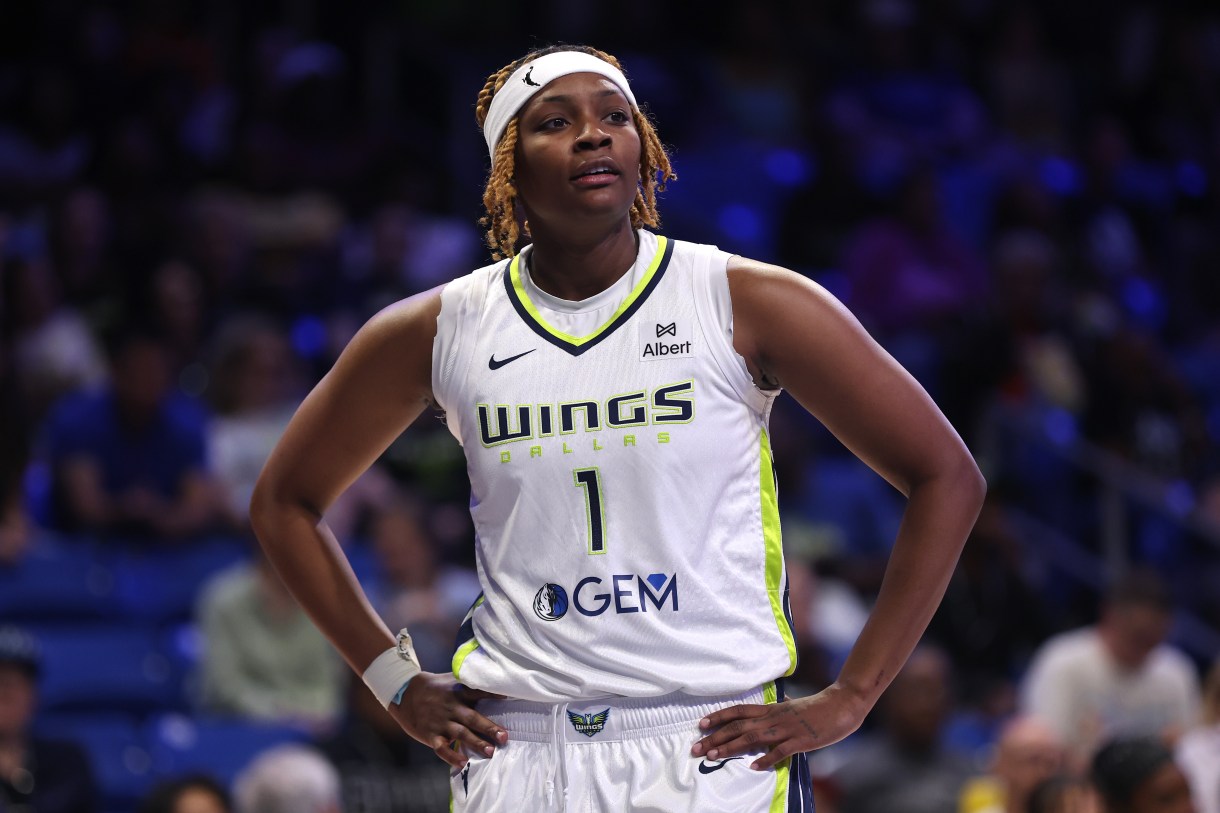 ARLINGTON, TEXAS - MAY 10: NaLyssa Smith #1 of the Dallas Wings looks on during the first half of a preseason game against the Toyota Antelopes at College Park Center on May 10, 2025 in Arlington, Texas. 