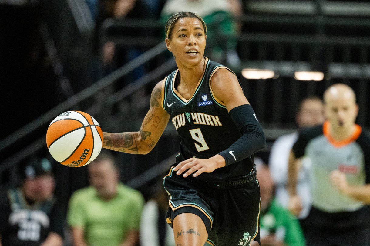 EUGENE, OREGON - MAY 12: Natasha Cloud #9 of the New York Liberty looks to pass the ball during the first half of the WNBA preseason game against the Toyota Antelopes at Matthew Knight Arena on May 12, 2025 in Eugene, Oregon.