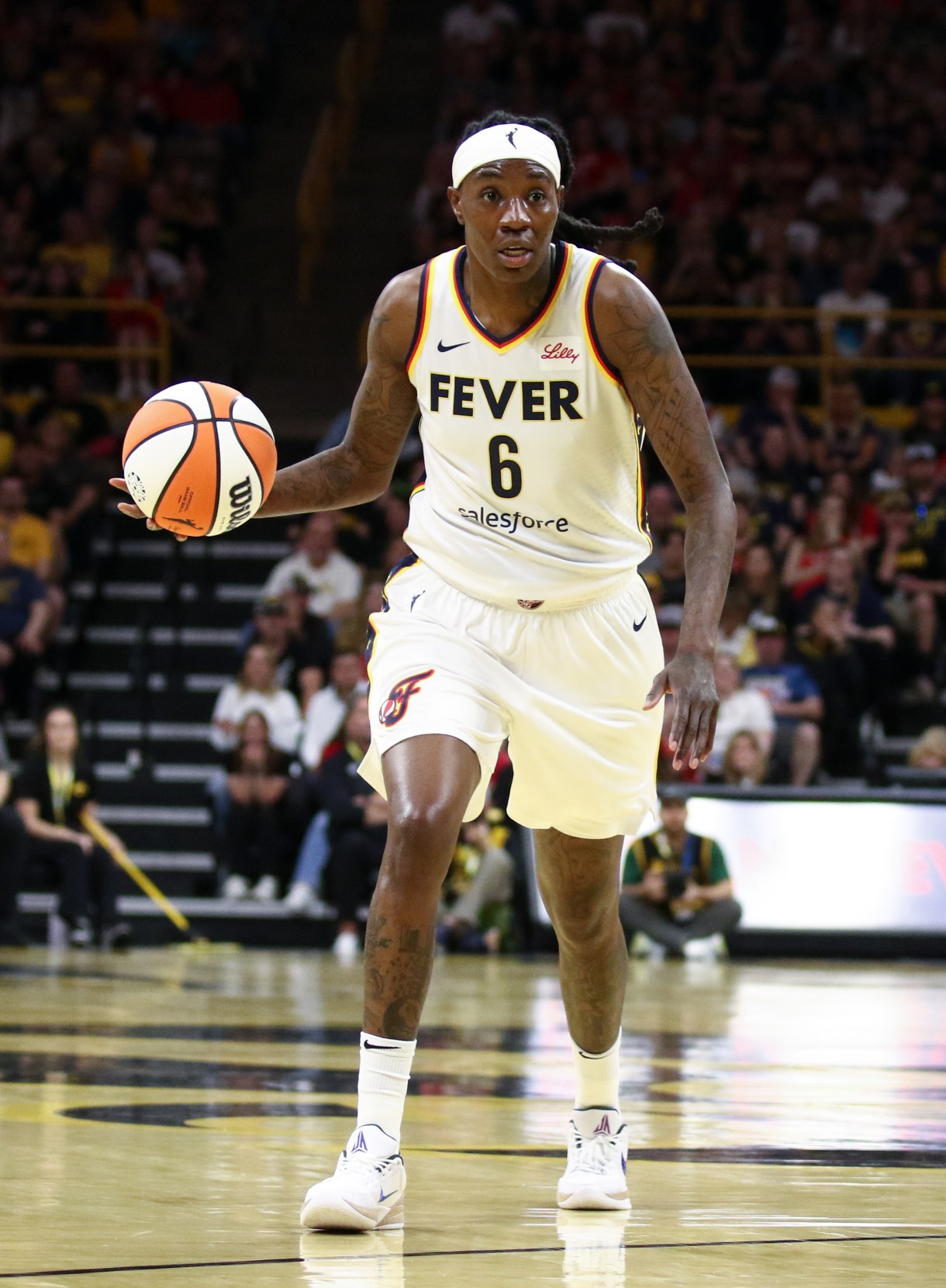 IOWA CITY, IOWA- MAY 4: Forward Natasha Howard #6 of the Indiana Fever brings the ball down the court during the first half against the Brazil National Team, at Carver-Hawkeye Arena on March 4, 2025 in Iowa City, Iowa.