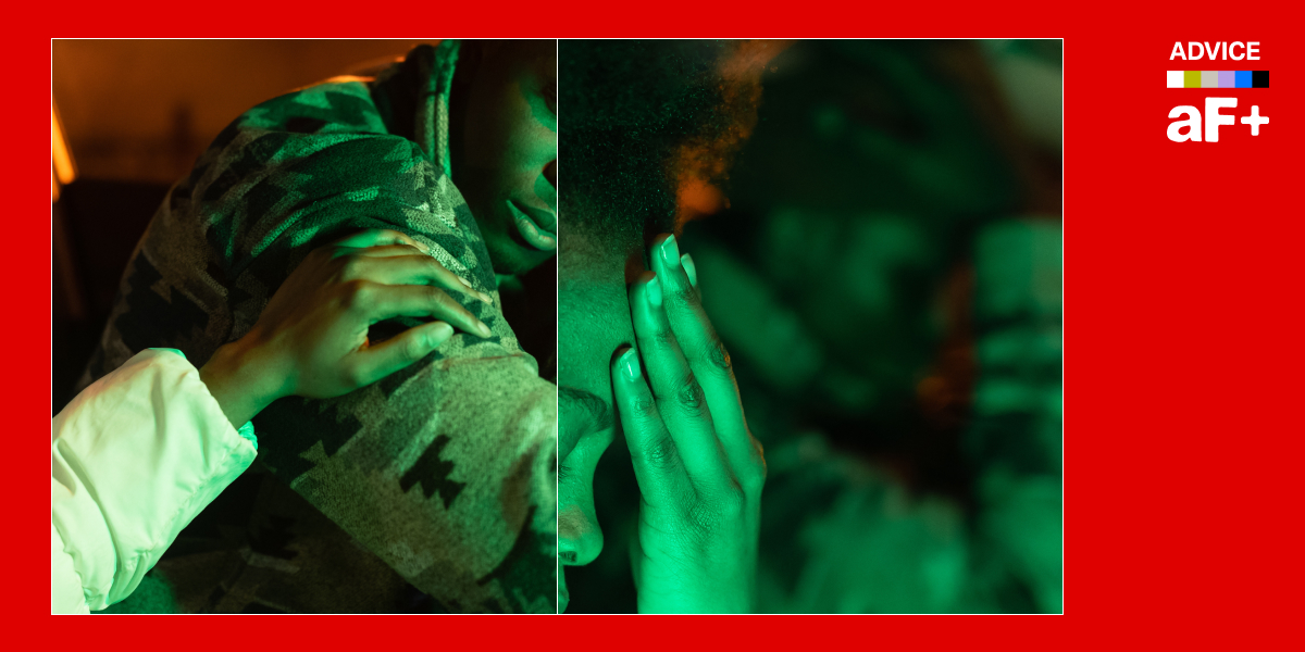 One image shows a person with her hand on a man's shoulder. The other shows someone covering their face.