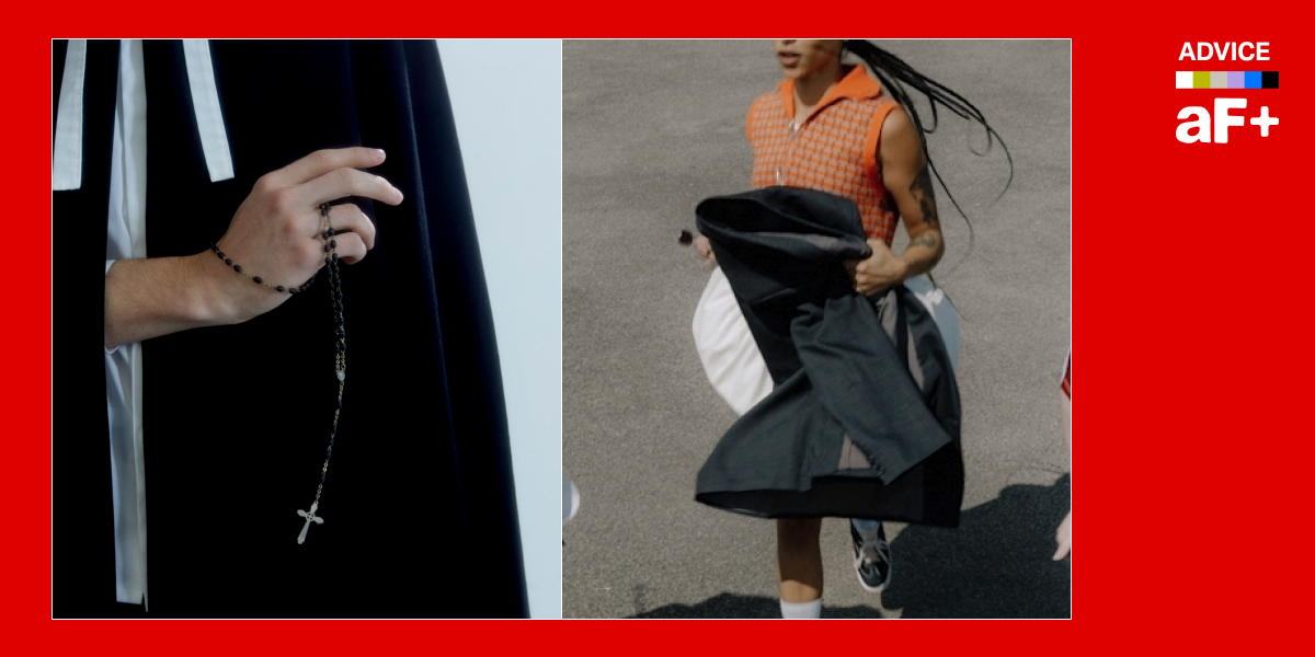 One image shows a nun holding a rosary, another shows a young woman moving luggage across a parking lot