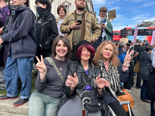 Jaye Hudson, Roz Kaveney (activist & author) and Kris Clarke pose with peace signs at the recent protest against the Supreme Court Ruling