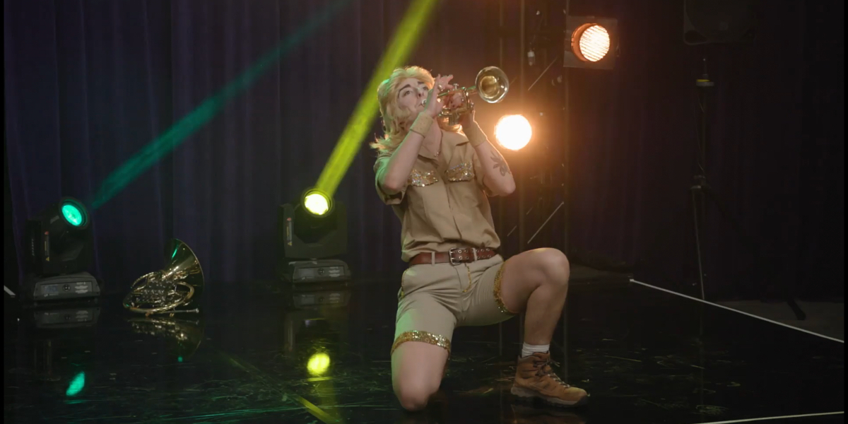 Dick Von Dyke as Steve Irwin plays the trumpet