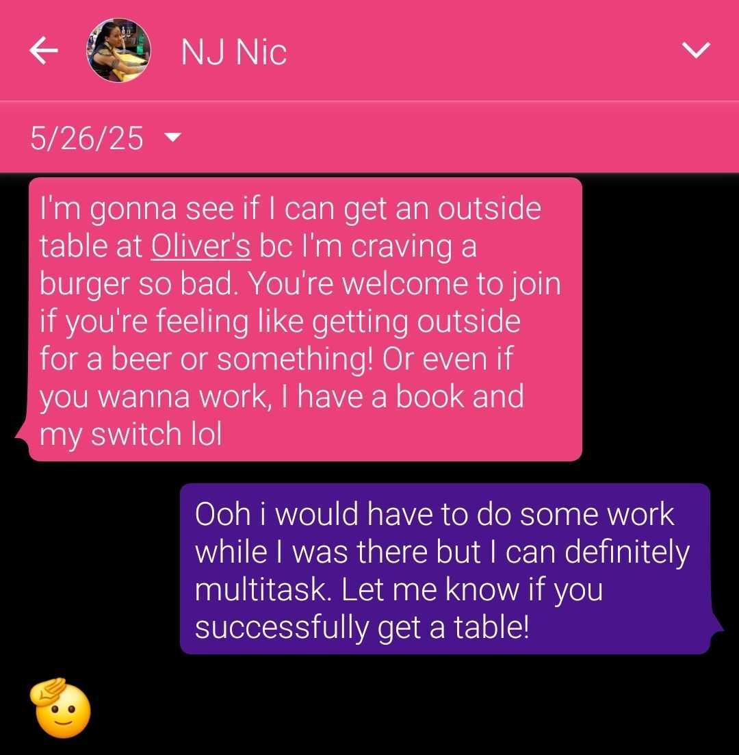 Valerie and Nic texting about hanging out in the neighborhood for beers and burgers