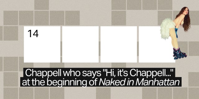 14 across / 4 letters / Chappell who says "Hi, it's Chappell..." at the beginning of "Naked in Manhattan"