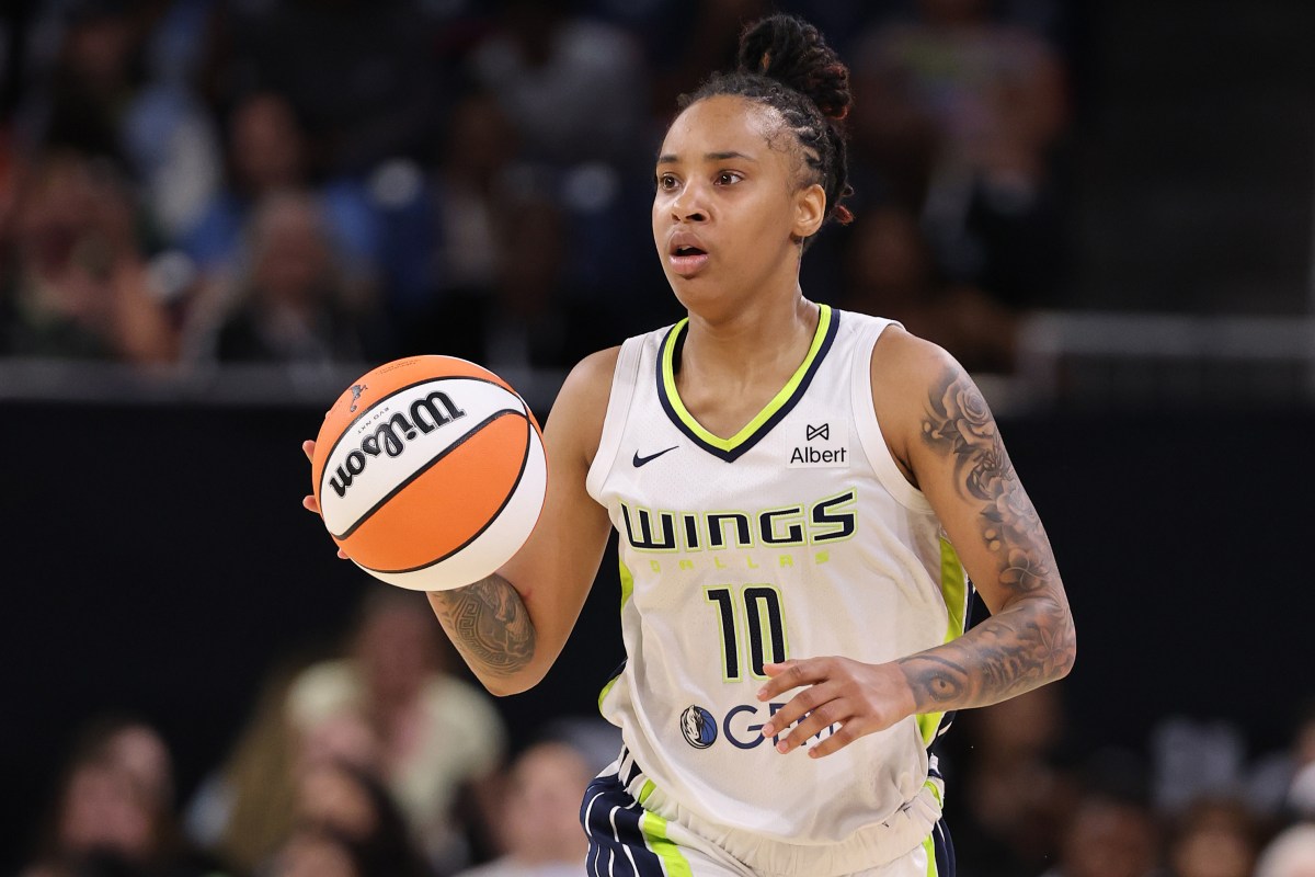 CHICAGO, ILLINOIS - JULY 09: Aziaha James #10 of the Dallas Wings dribbles up the court against the Chicago Sky at Wintrust Arena on July 09, 2025 in Chicago, Illinois. NOTE TO USER: User expressly acknowledges and agrees that, by downloading and or using this photograph, User is consenting to the terms and conditions of the Getty Images License Agreement.  (Photo by Michael Reaves/Getty Images)