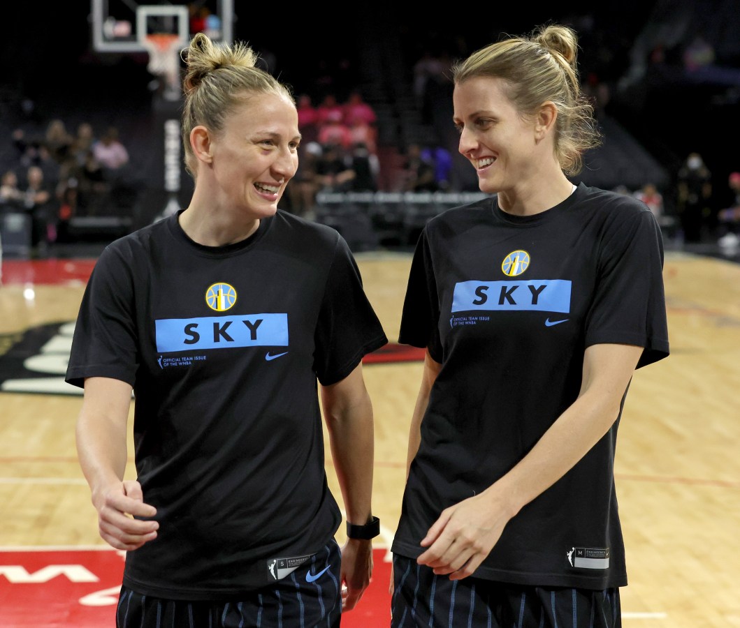 LAS VEGAS, NEVADA - AUGUST 11: Courtney Vandersloot (L) #22 and Allie Quigley #14 of the Chicago Sky warm up before a game against the Las Vegas Aces at Michelob ULTRA Arena on August 11, 2022 in Las Vegas, Nevada. NOTE TO USER: User expressly acknowledges and agrees that, by downloading and or using this photograph, User is consenting to the terms and conditions of the Getty Images License Agreement. (Photo by Ethan Miller/Getty Images)