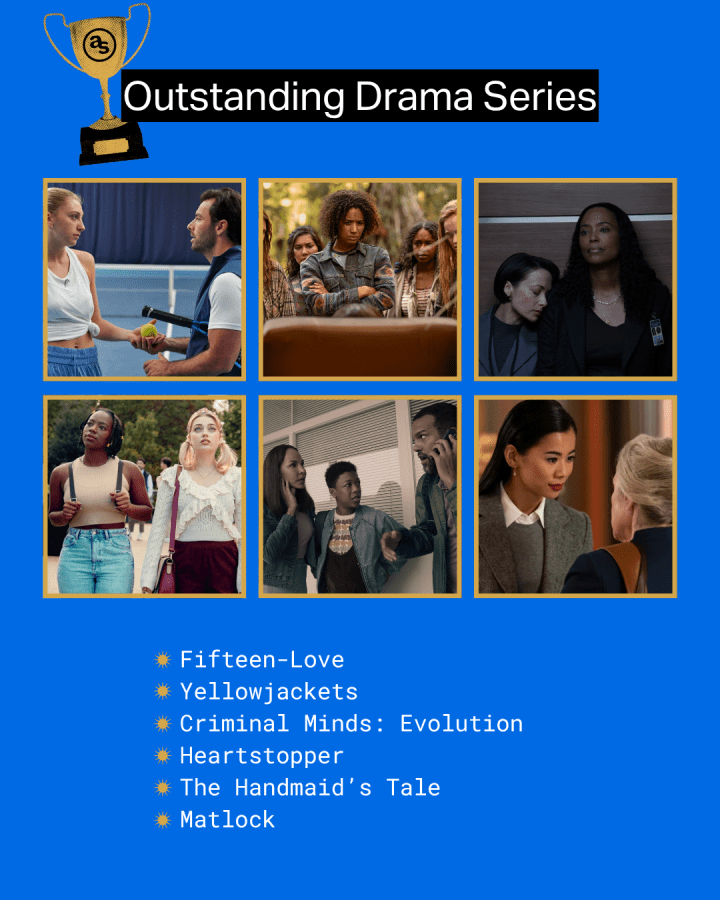 Fifteen-Love (AMC+) Yellowjackets (Showtime) Criminal Minds: Evolution (Paramount+) Heartstopper (Netflix) The Handmaid’s Tale (Hulu) Matlock (CBS)