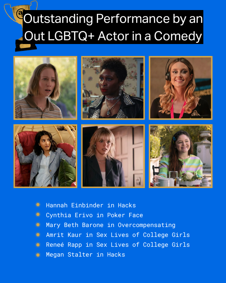 Hannah Einbinder in Hacks Cynthia Erivo in Poker Face Mary Beth Barone in Overcompensating Amrit Kaur in Sex Lives of College Girls Renée Rapp in Sex Lives of College Girls Megan Stalter in Hacks