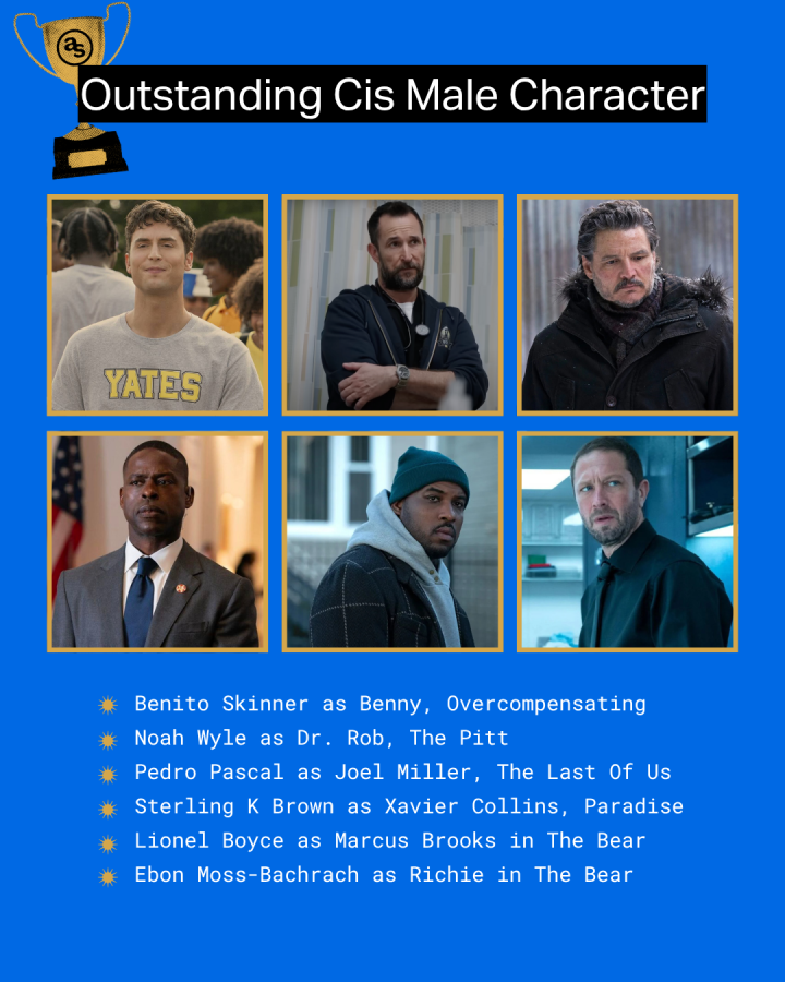 Benito Skinner as Benny (Benito Skinner), Overcompensating Noah Wyle as Dr. Rob (Noah Wyle), The Pitt Pedro Pascal as Joel Miller (Pedro Pascal), The Last of Us Sterling K Brown as Xavier Collins, Paradise Lionel Boyce as Marcus Brooks in The Bear Ebon Moss-Bachrach as Richie in The Bear