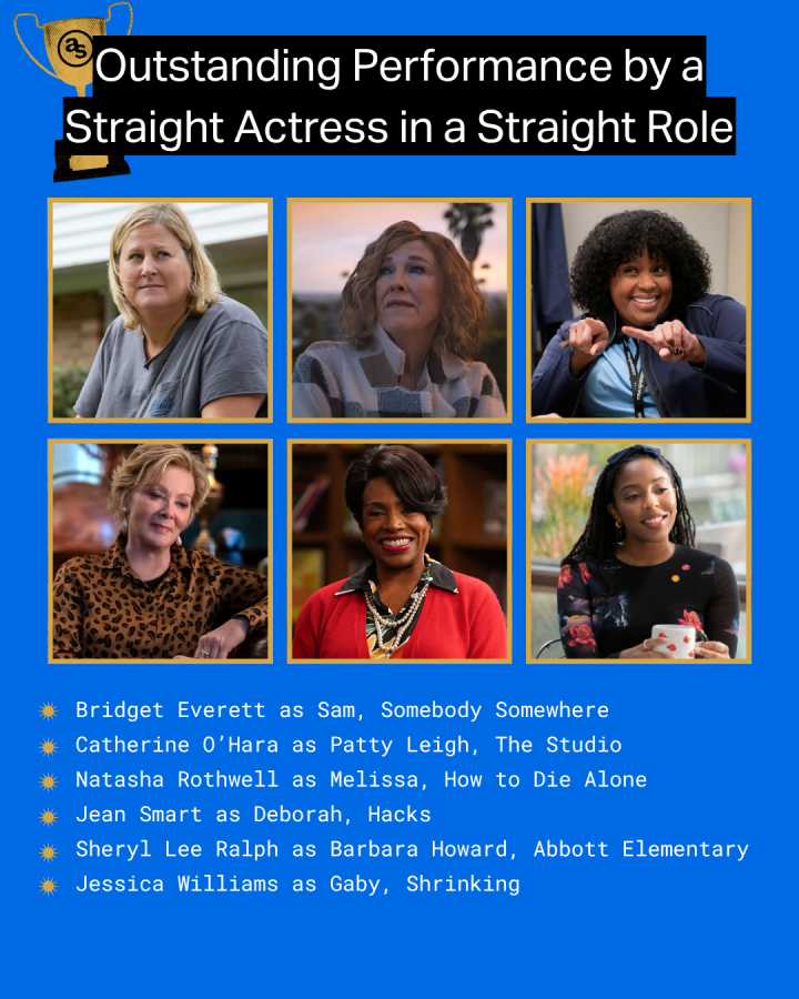 Bridget Everett as Sam, Somebody Somewhere Catherine O’Hara as Patty Leigh, The Studio Natasha Rothwell as Melissa, How to Die Alone Jean Smart as Deborah, Hacks Sheryl Lee Ralph as Barbara Howard, Abbott Elementary Jessica Williams as Gaby, Shrinking