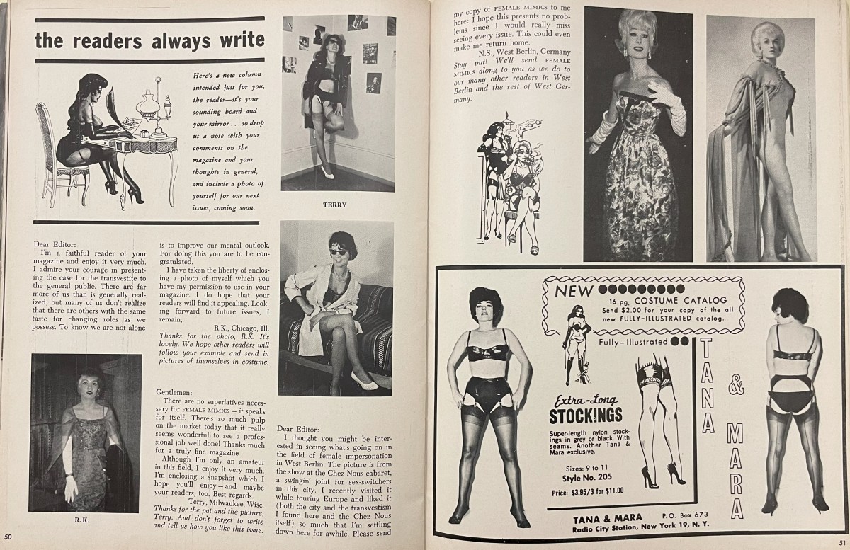 Letters to the editor section titled “the readers always write” in Volume 1, No. 1 issue of He-She magazine (1966). Some notes included pictures, which the magazine applauded. “We hope our readers will follow your example and send in pictures of themselves in costume,” the magazine wrote to the right of R.K. evening dress photo.