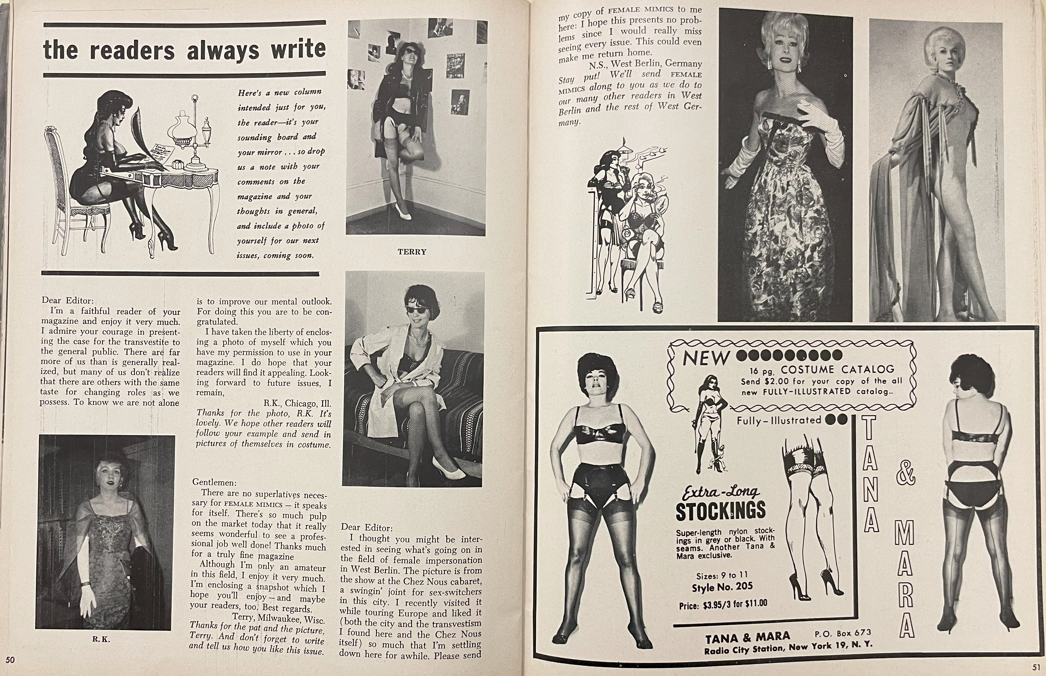 Letters to the editor section titled “the readers always write” in Volume 1, No. 1 issue of He-She magazine (1966). Some notes included pictures, which the magazine applauded. “We hope our readers will follow your example and send in pictures of themselves in costume,” the magazine wrote to the right of R.K. evening dress photo.
