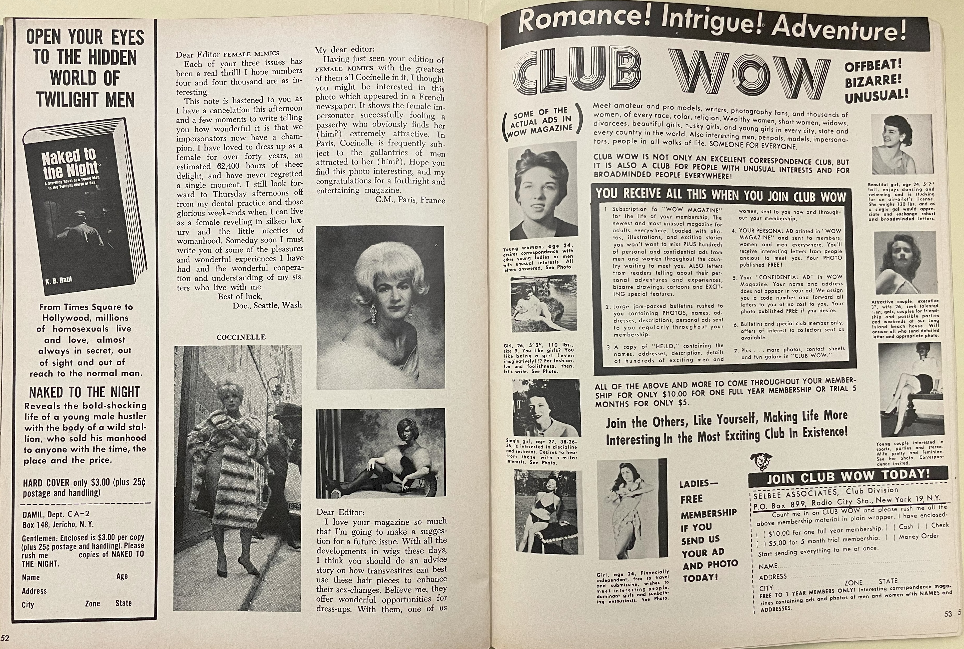 An advertisement for “Club Wow” in Volume 1, No. 1 issue of He-She (1966).