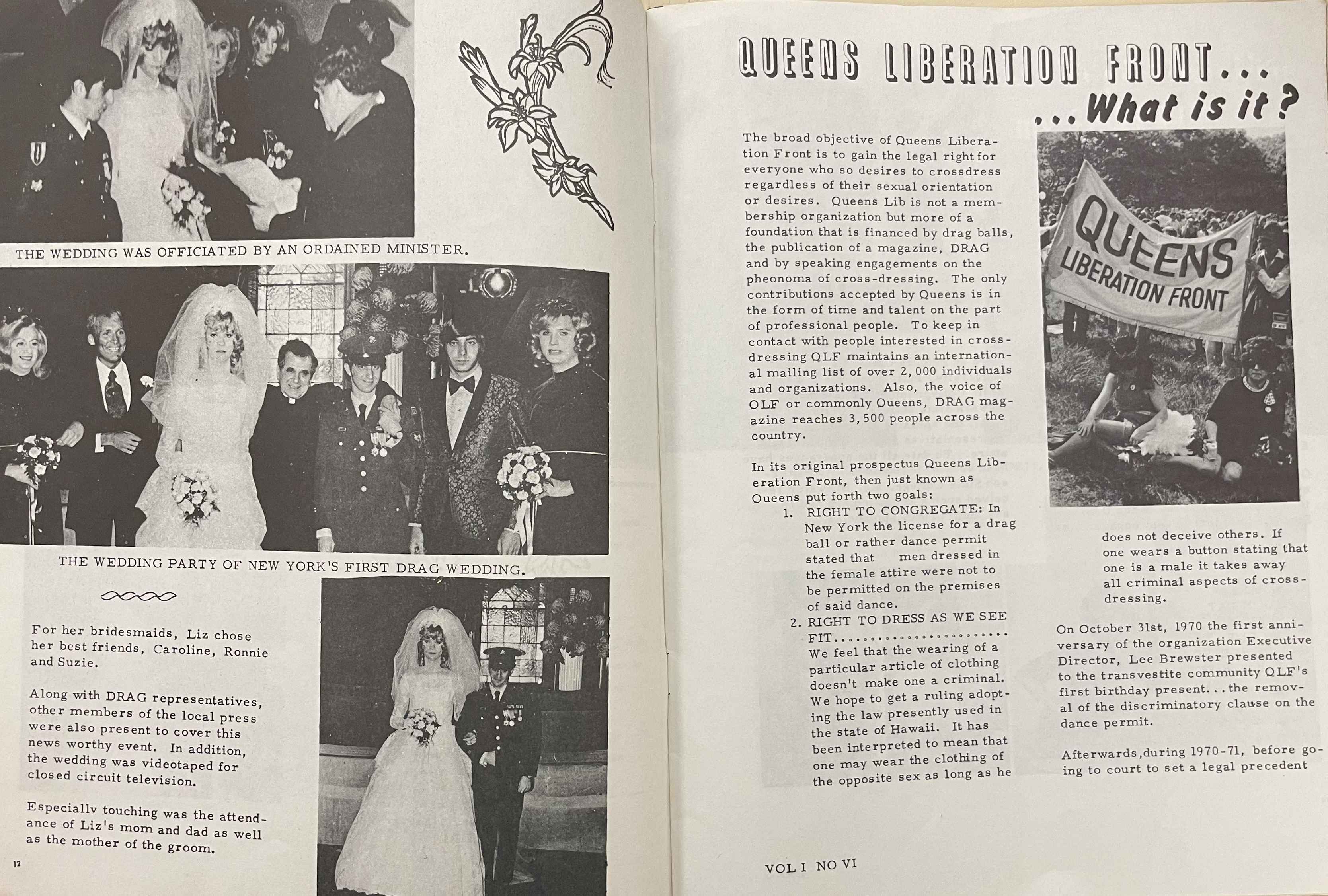 “Here Comes the Bride” feature piece in Drag magazine, Volume 2, No. 6 (1972). Drag was a cultural magazine published in the 1970s and 80s. This magazine and the other periodicals in this post can be found in the Archives Center Lesbian, Gay, Bisexual, Transgender (LGBT) Collection. (NMAH.AC.1146).