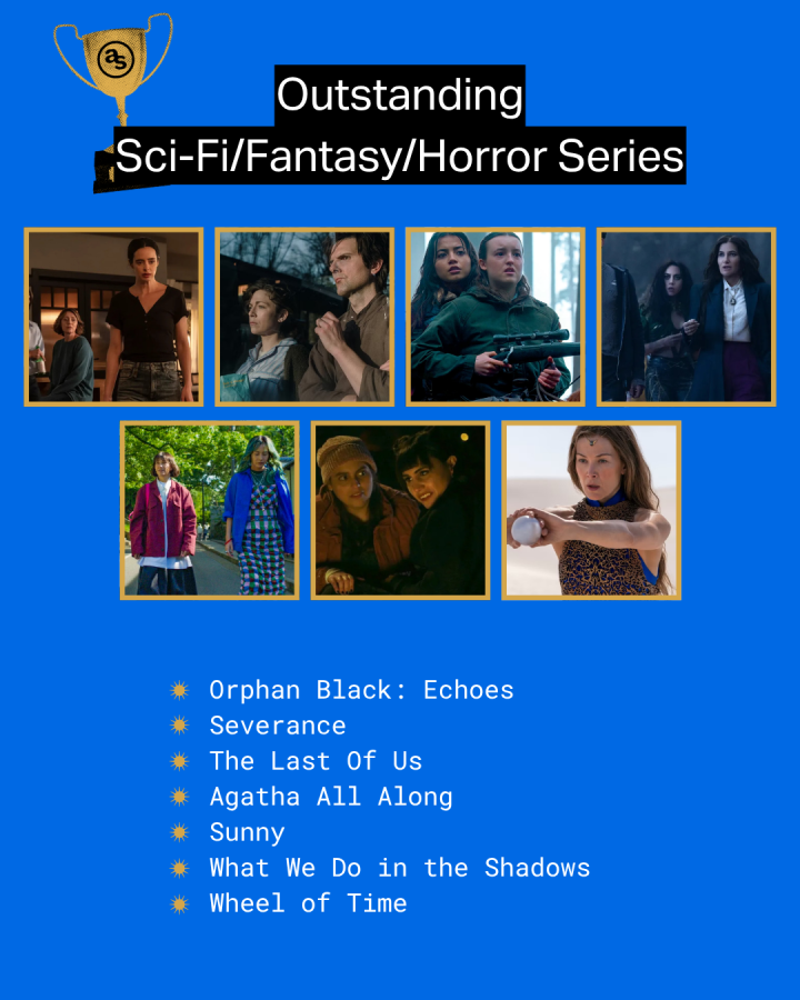 Orphan Black: Echoes (AMC+) Severance (Apple TV) The Last of Us (HBO Max) Agatha All Along (Disney+) Sunny (Apple TV) What We Do in the Shadows (FX) Wheel of Time (Prime Video)