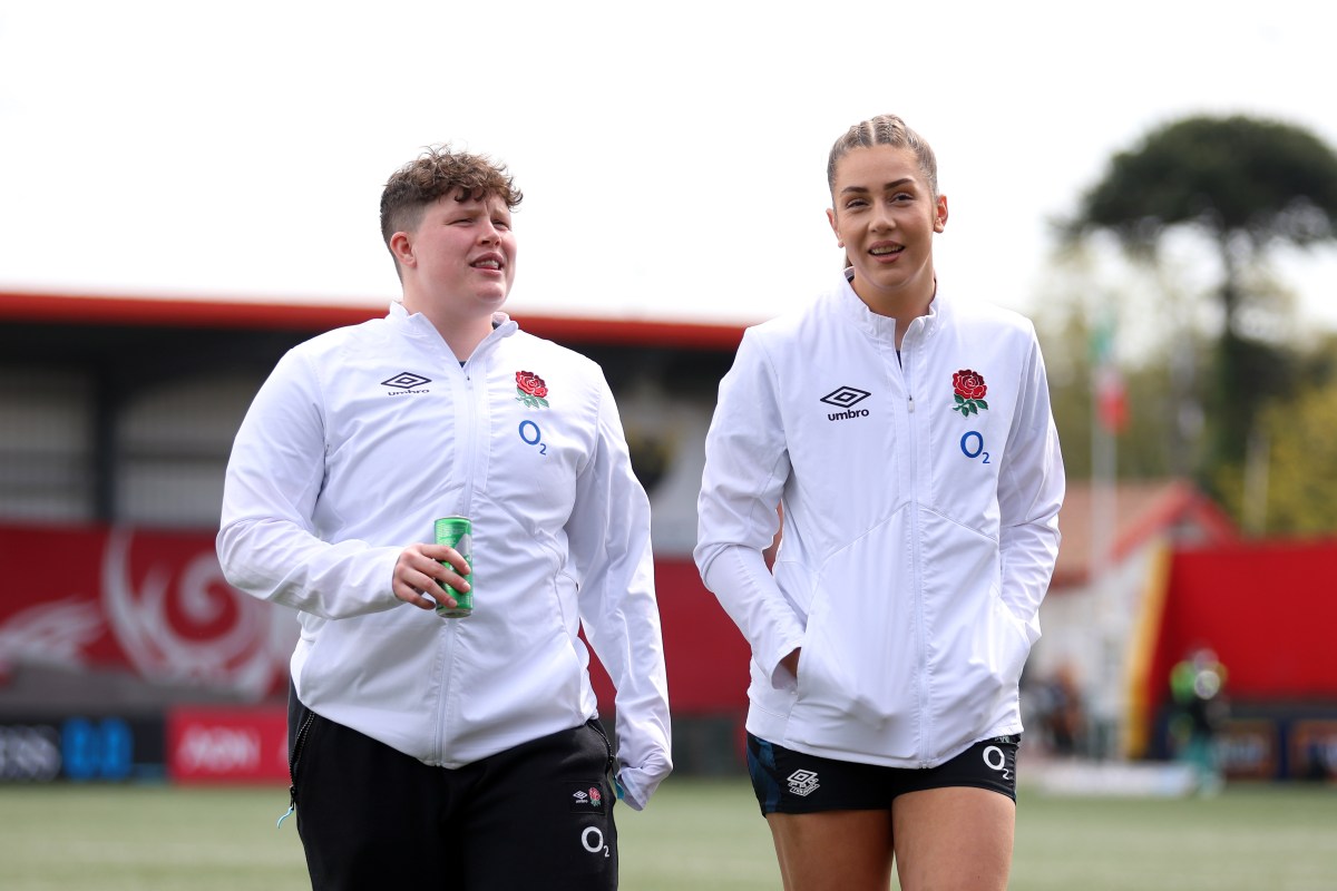 CORK, IRELAND - APRIL 22: Hannah Botterman and Holly Aitchison of England inspect the pitch prior to the TikTok Women's Six Nations match between Ireland and England at Musgrave Park on April 22, 2023 in Cork, Ireland. (Photo by Catherine Ivill - RFU/The RFU Collection via Getty Images)