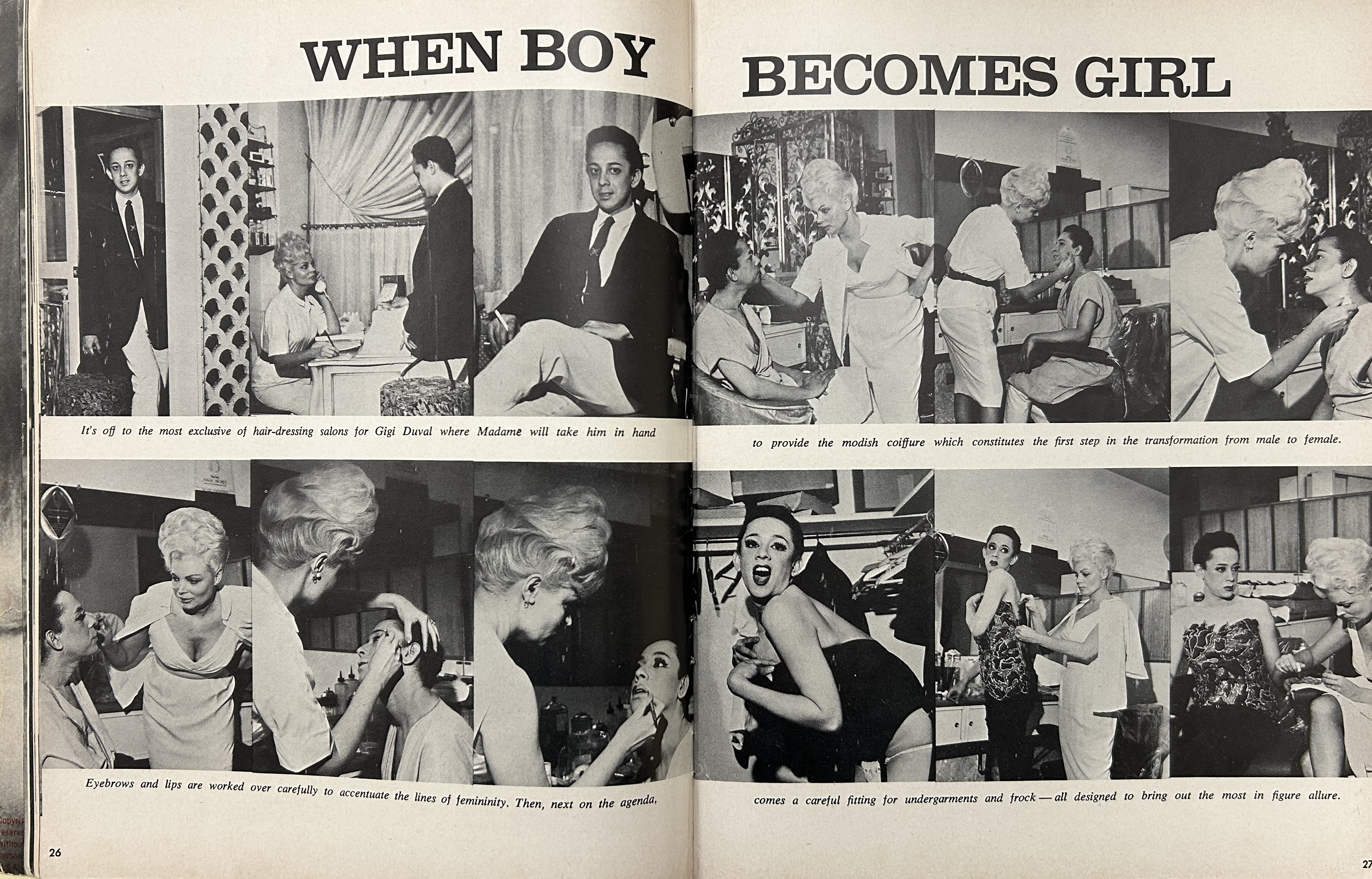 A profile piece on Gigi Duval’s “transformation from male to female,” featured in the Volume 1, No. 1 issue of He-She magazine (1966).