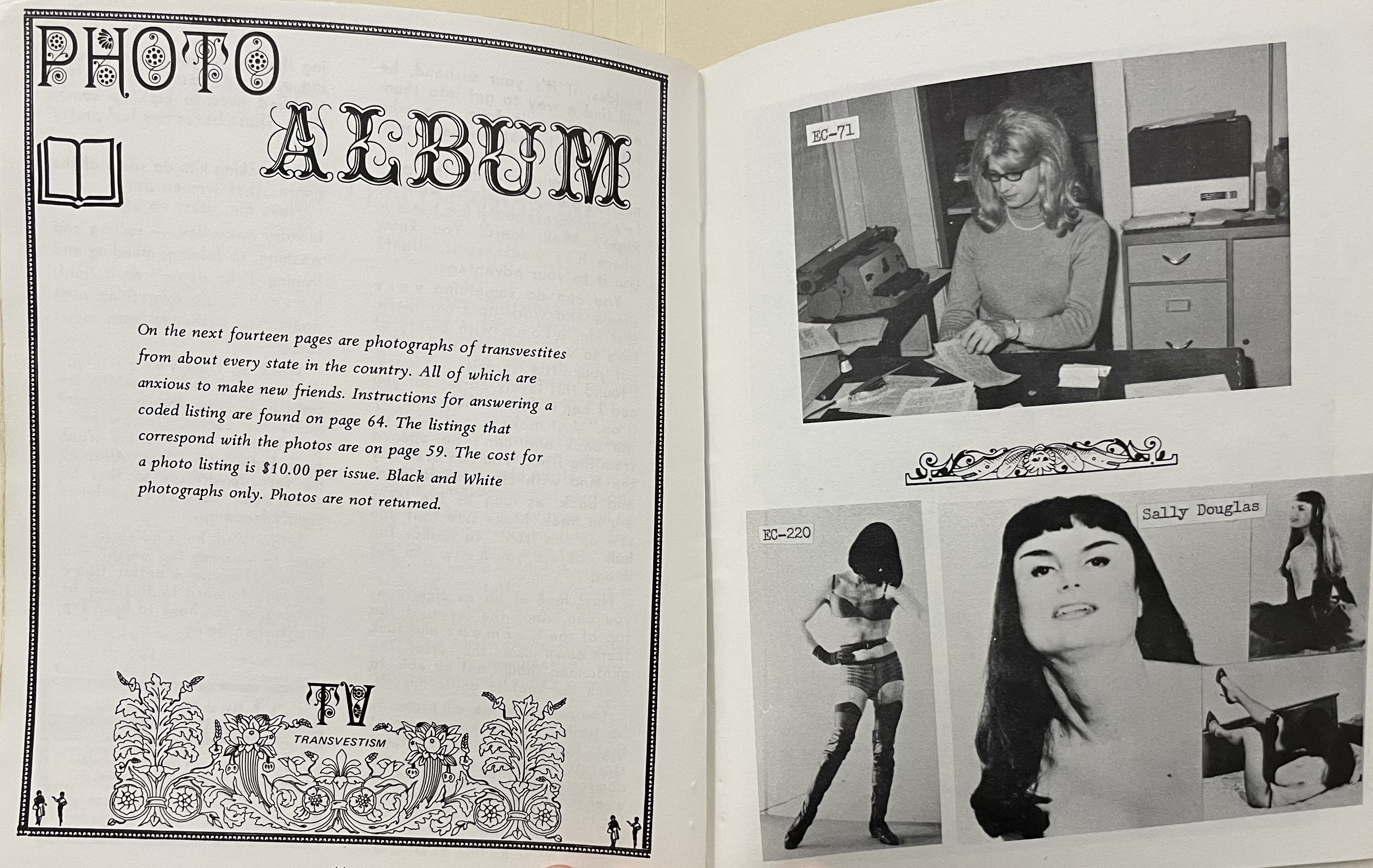 Excerpt from Volume 1 issue of New Trenns magazine (1970). As the introduction notes, the “next fourteen pages are photographs of transvestites from about every state in the country. All of which are anxious to meet new friends.”