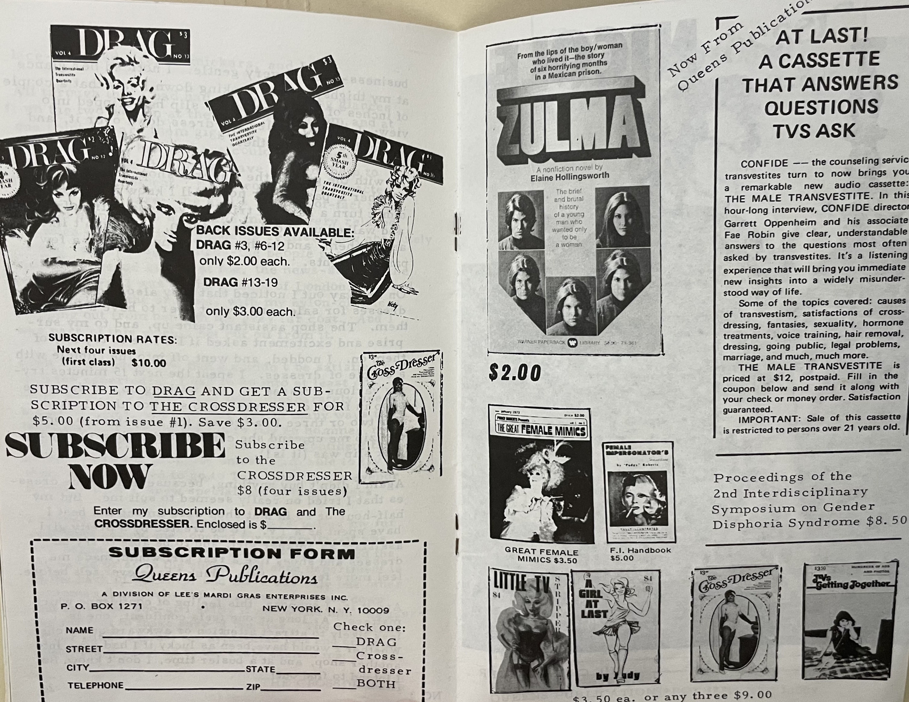 An advertisement for Drag Magazine in Vol. 1, No. 3 issue of The Cross-Dresser (1975). On the opposite page is an ad for an audio cassette led by CONFIDE director Garrett Oppenheimer and associate Fae Robin answering common questions. More covers of The Cross-Dresser are visible on the lower right page.