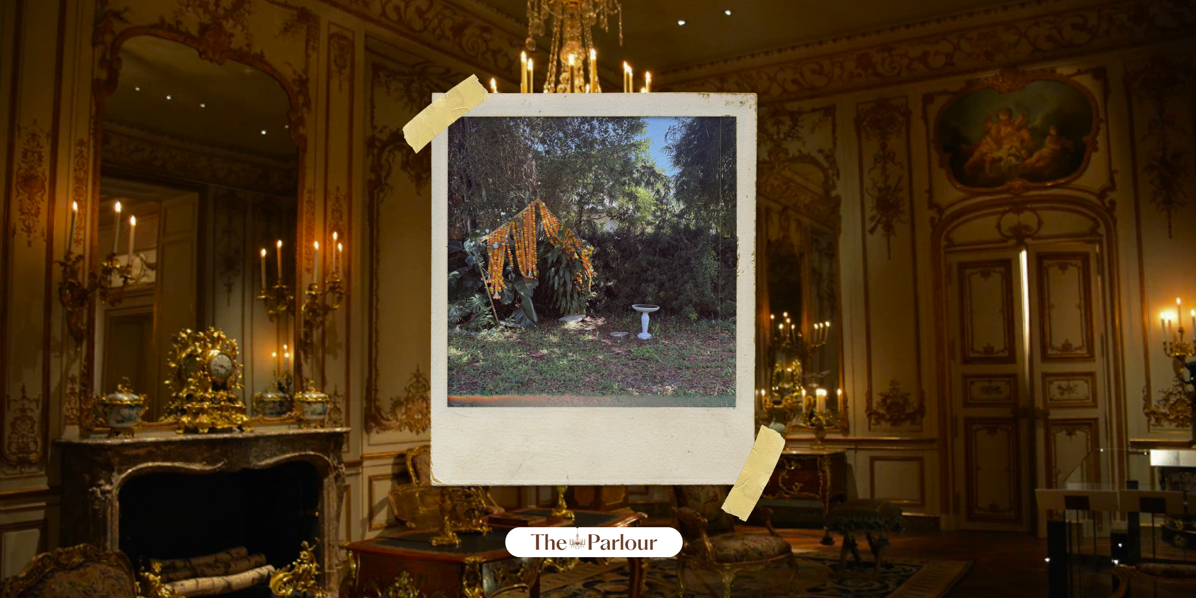 a polaroid of a backyard against a parlour background