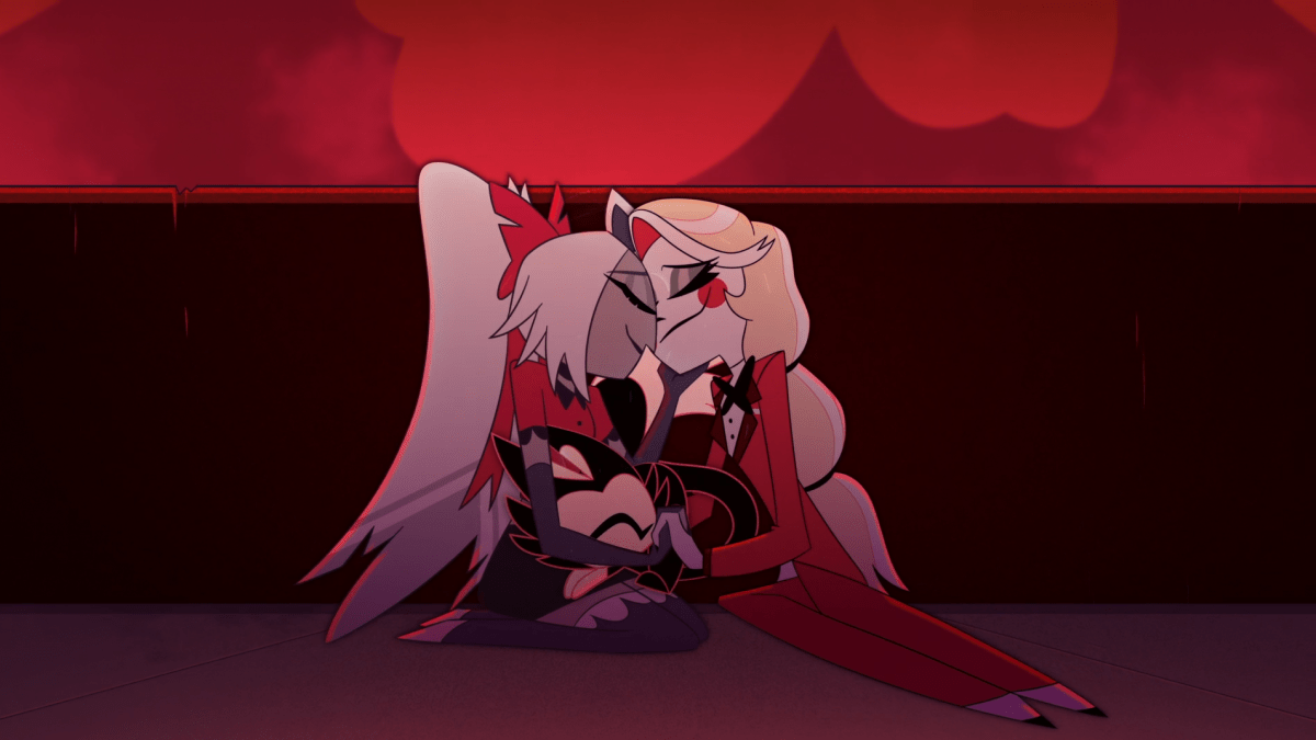 Hazbin Hotel 201-8 charlie and vaggie snuggle with the keekee on their lap