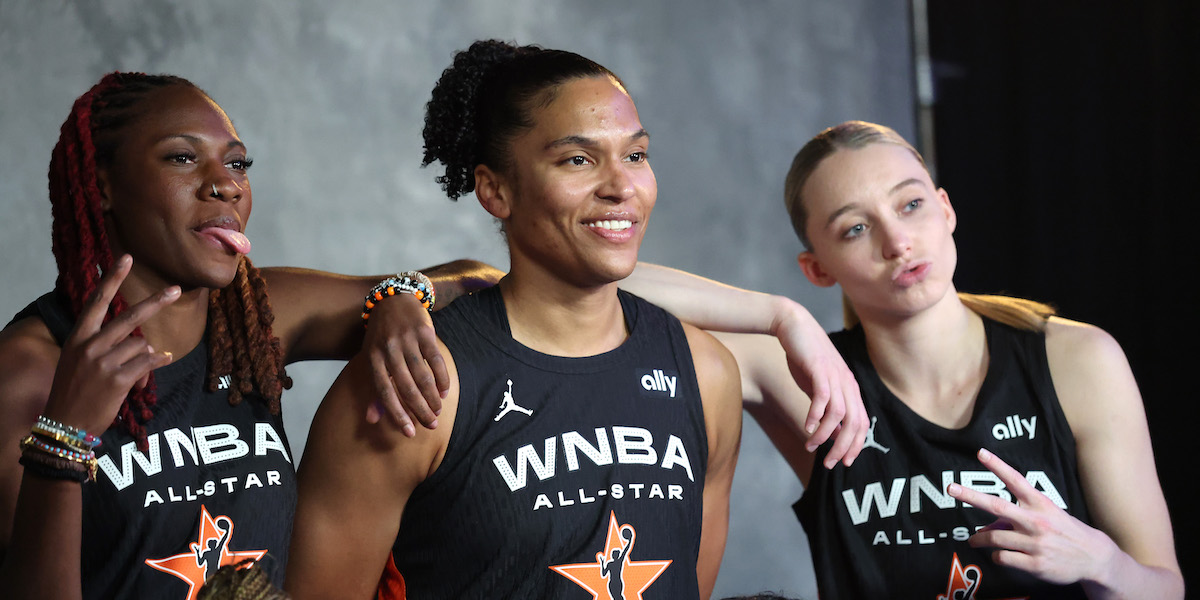 INDIANAPOLIS, INDIANA - JULY 19: (L-R) Rhyne Howard #10 of the Atlanta Dream, Alyssa Thomas #25 of the Phoenix Mercury, and Paige Bueckers #5 of the Dallas Wings pose prior to the 2025 AT&T WNBA All-Star Game at Gainbridge Fieldhouse on July 19, 2025 in Indianapolis, Indiana. NOTE TO USER: User expressly acknowledges and agrees that, by downloading and or using this photograph, User is consenting to the terms and conditions of the Getty Images License Agreement. (Photo by Steph Chambers/Getty Images)