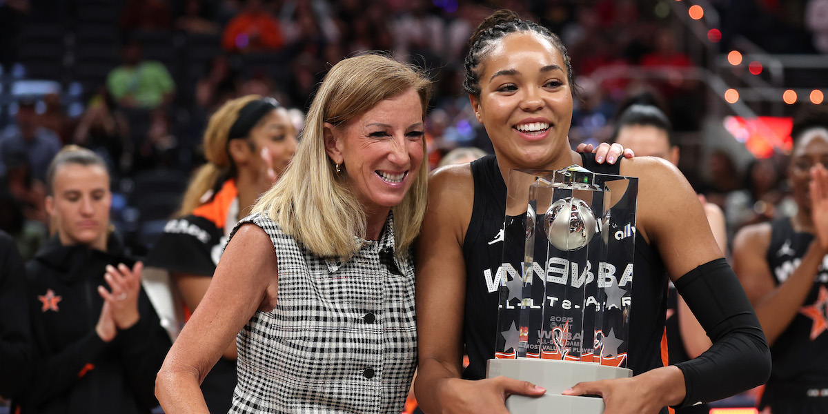INDIANAPOLIS, INDIANA - JULY 19: (L-R) WNBA Commissioner Cathy Engelbert poses with MVP Napheesa Collier #24 of the Minnesota Lynx following the 2025 AT&T WNBA All-Star Game at Gainbridge Fieldhouse on July 19, 2025 in Indianapolis, Indiana. NOTE TO USER: User expressly acknowledges and agrees that, by downloading and or using this photograph, User is consenting to the terms and conditions of the Getty Images License Agreement. (Photo by Steph Chambers/Getty Images)