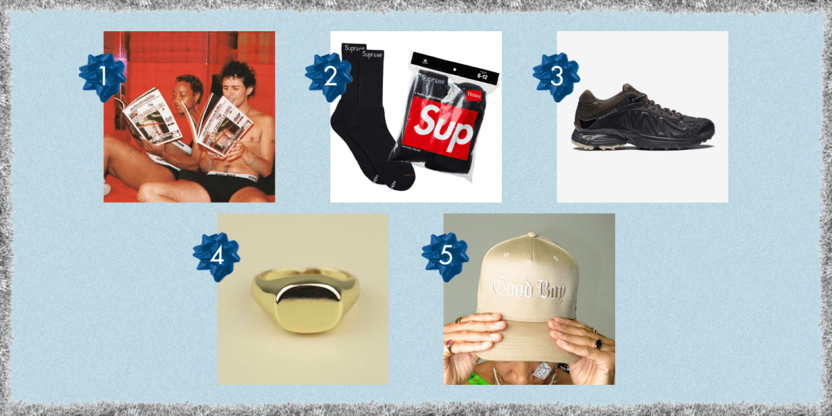Autostraddle print magazine, Supreme socks, sneakers, a gold ring, and a Good Boy hat
