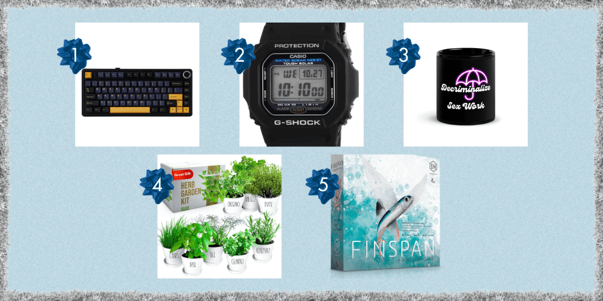 a keyboard, a watch, a mug, an herb kit, and the game Finspan