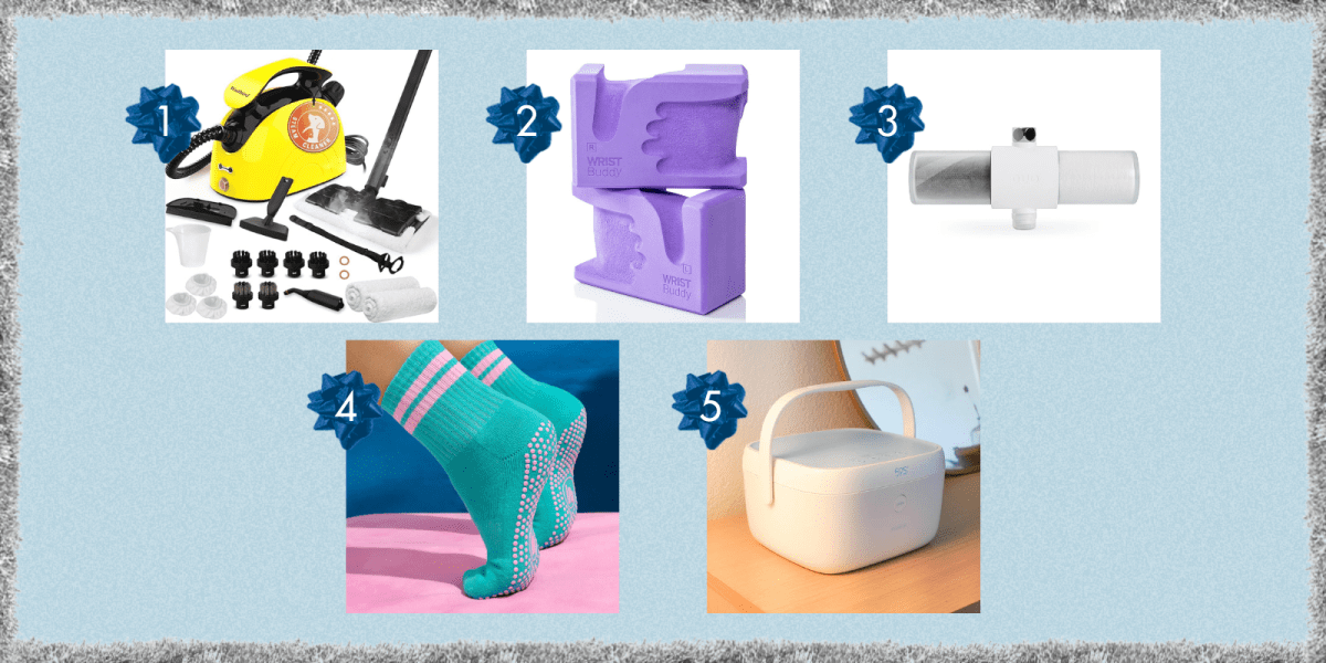 a steam cleaner, pilates blocks, a shower filter, grip socks, and a CPAP cleaner