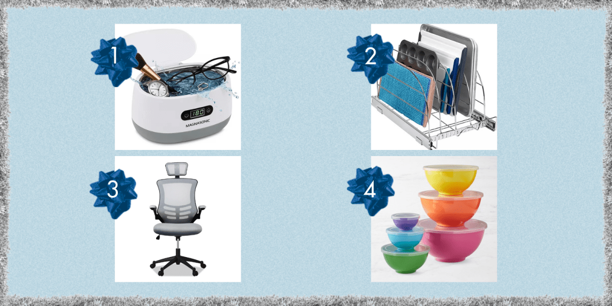 a cleaning machine, a kitchen organizer, a desk chair, and mixing bowls