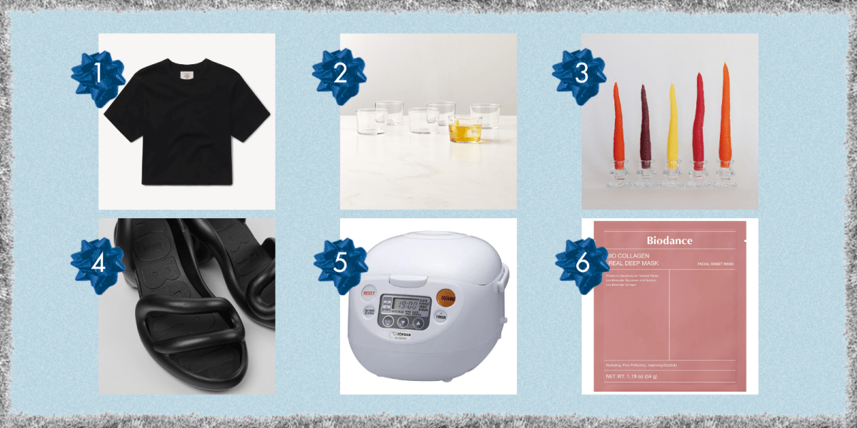 a cropped black top, drinking glasses, carrot shaped candles, black sandals, a rice cooker, and a collagen mask